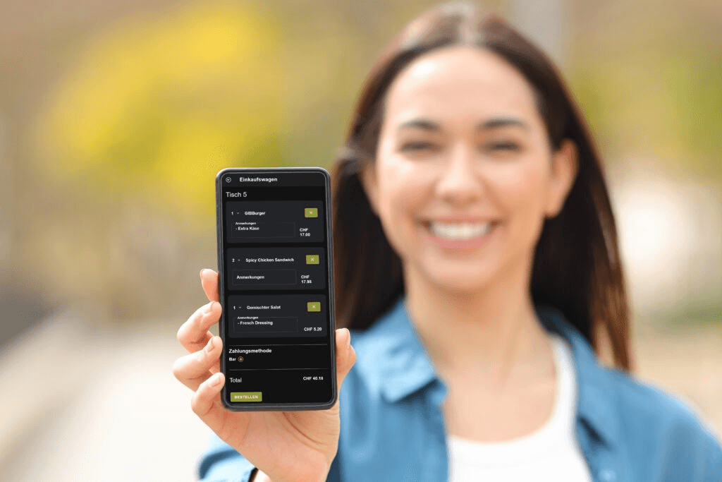 A pretty girl holding up a phone with BreadCrumb on it